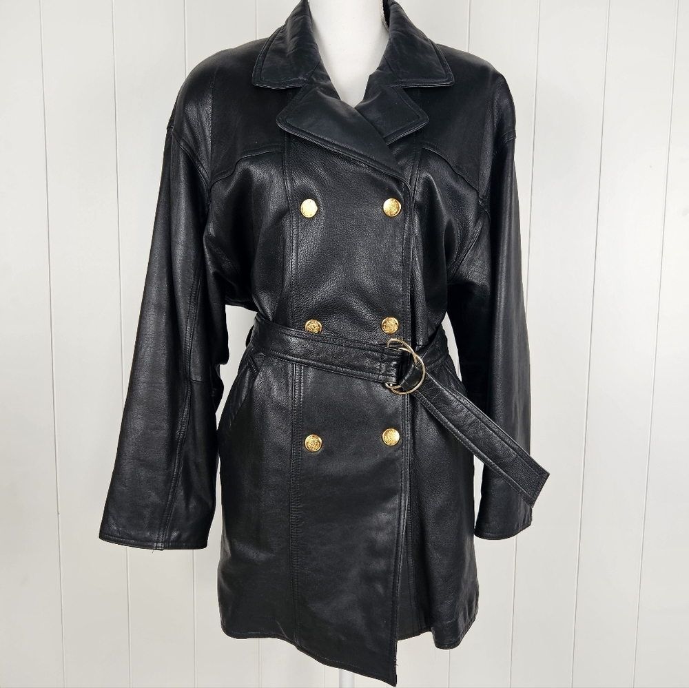 Womens M Black Leather Coat Double Breasted Vintage Belted Gold Snaps Mid Thigh